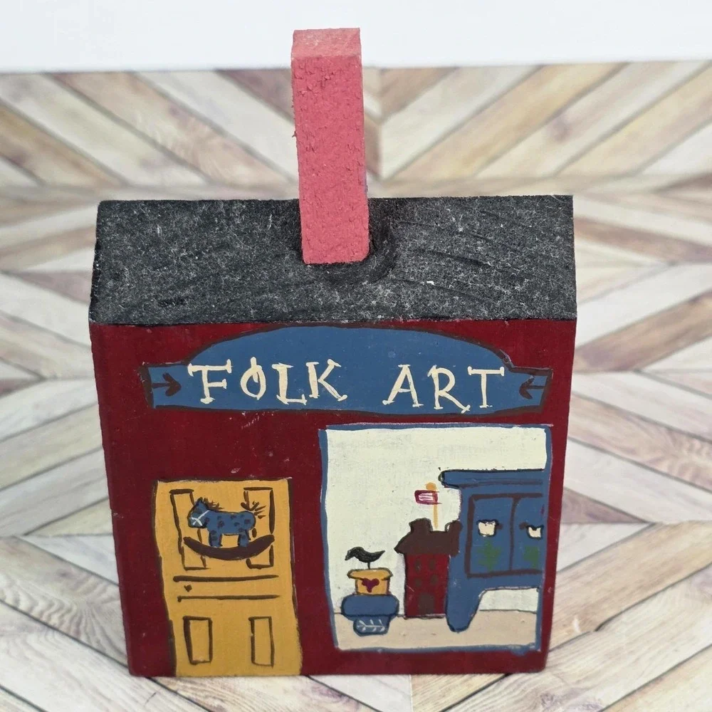 Vintage Set 3 Hand Painted Primitive Wooden Buildings Folk Art Shelf Decor
